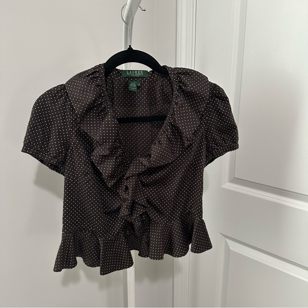 Ralph Lauren Polka Dots Dark Brown Ruffled Collar Waist Button Up Blouse